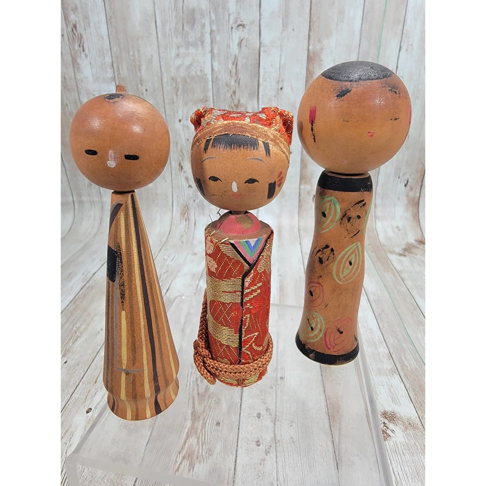 Vintage Kokeshi Dolls Tohoku Madien Marked Japan Lot of 3 Between (4" 5")
